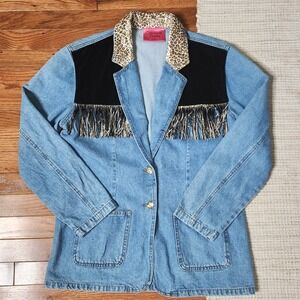 Womens Western Denim Jacket XL Animal Print Fringe Cowgirl Ranch Velour Collar